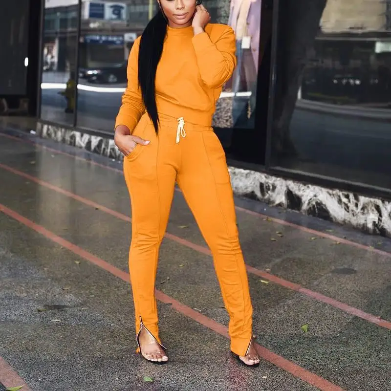 

Solid O-Neck Two Piece Set Top And Pants Foot Zipper Plus Size Tracksuit Women 2 Piece Jogging Sets Leisure Suit