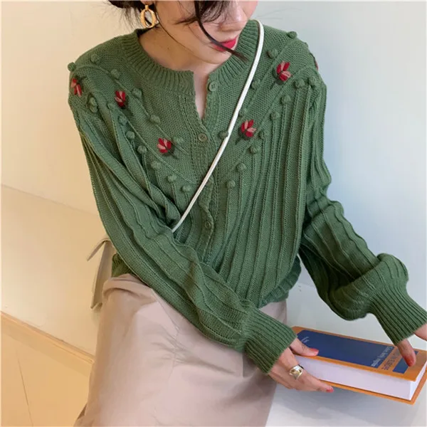 Зеленый RUGOD Korean New Style O-neck Elegant Knitted Cardigan Flower Embroidery Sweaters Women Fashion - Цвет: Зеленый