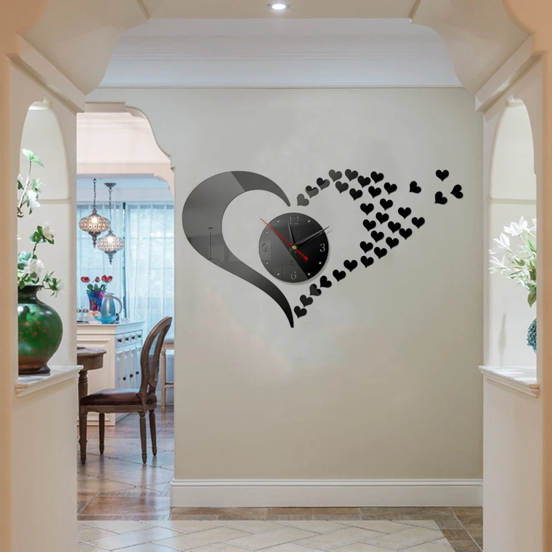 

Modern 3D Mirror Acrylic Wall Clock Stickers Art DIY Home Decor Acrylic Creative Mirror Heart Clocks Couple Wedding Decoration