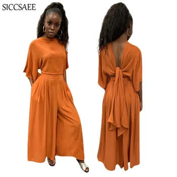 

Open Back Cropped Crop Top Wide Leg Palazzo Pants Loose 2 Piece Set Women Solid Color Sexy Casual Outfits Clothing Sweat Suit