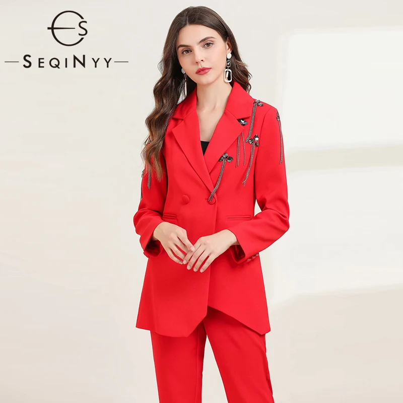 

SEQINYY Office Lady Set 2020 Spring Autumn New Fashion Design Women Bead Crystal Tassel Blazer Slim Pants High Quality Suit