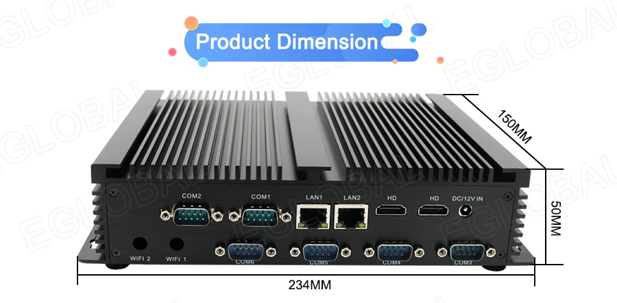 Elevate Your Workspace with Eglobal Industrial Mini PC - Intel Core i3/i5, 2 RJ45 LAN, 2 HDMI, Linux Desktop Computer, 6 RS232 COMs, 8 USB, Windows Ready Description Image.