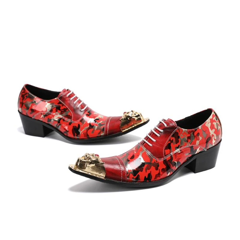 Mens British Style Pointed Toe Patent Leather Red Lace-up Leather Shoes Printed Dress Wedding Shoes Large Size 37-46