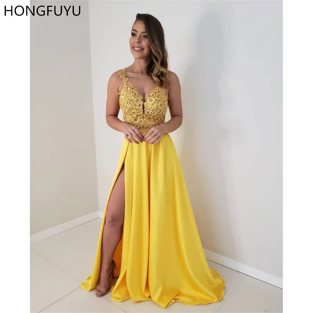 

HONGFUYU 2019 Sexy Yellow Evening Formal Dresses Floral Lace Straps Prom Party Dress With Split Vestidos De Gala Satin Backless