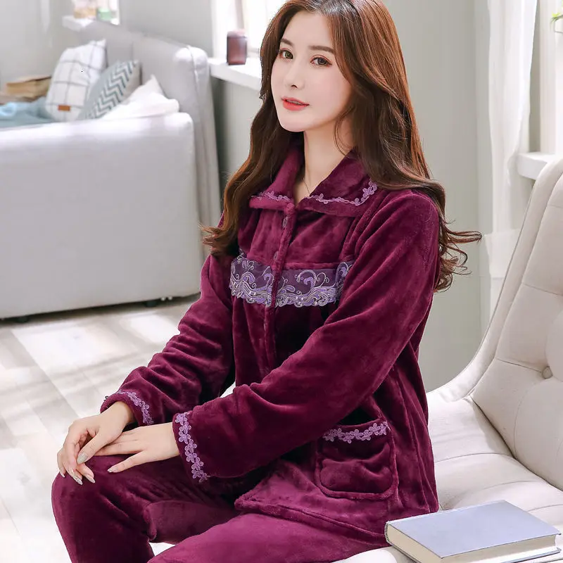 pajama women Purple Зимние пижамы женские коралловые флисовые теплые пижамы женские длинные фланелевые тёплая Пижама женские пижамы для женщин домашние пижамы XXXL - Цвет: pajama women Purple