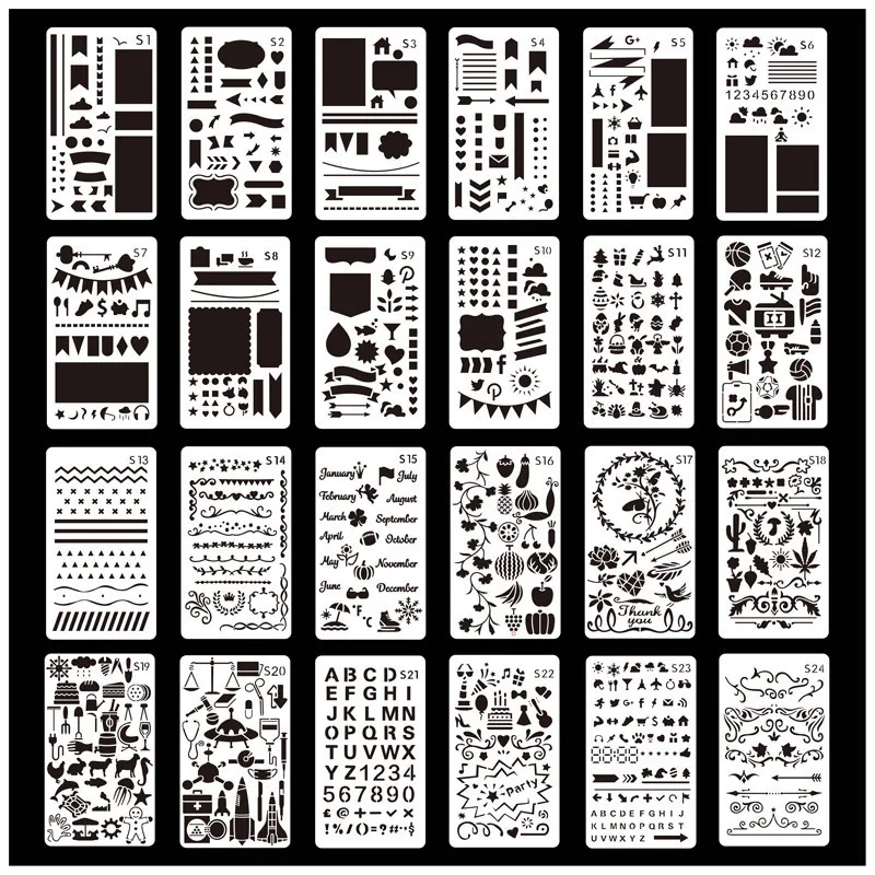 

24pcs Hollow Drawing Template Journal Stencil Set A6 Plastic Planner DIY Diary Decor Craft Stationery School Office Supplies