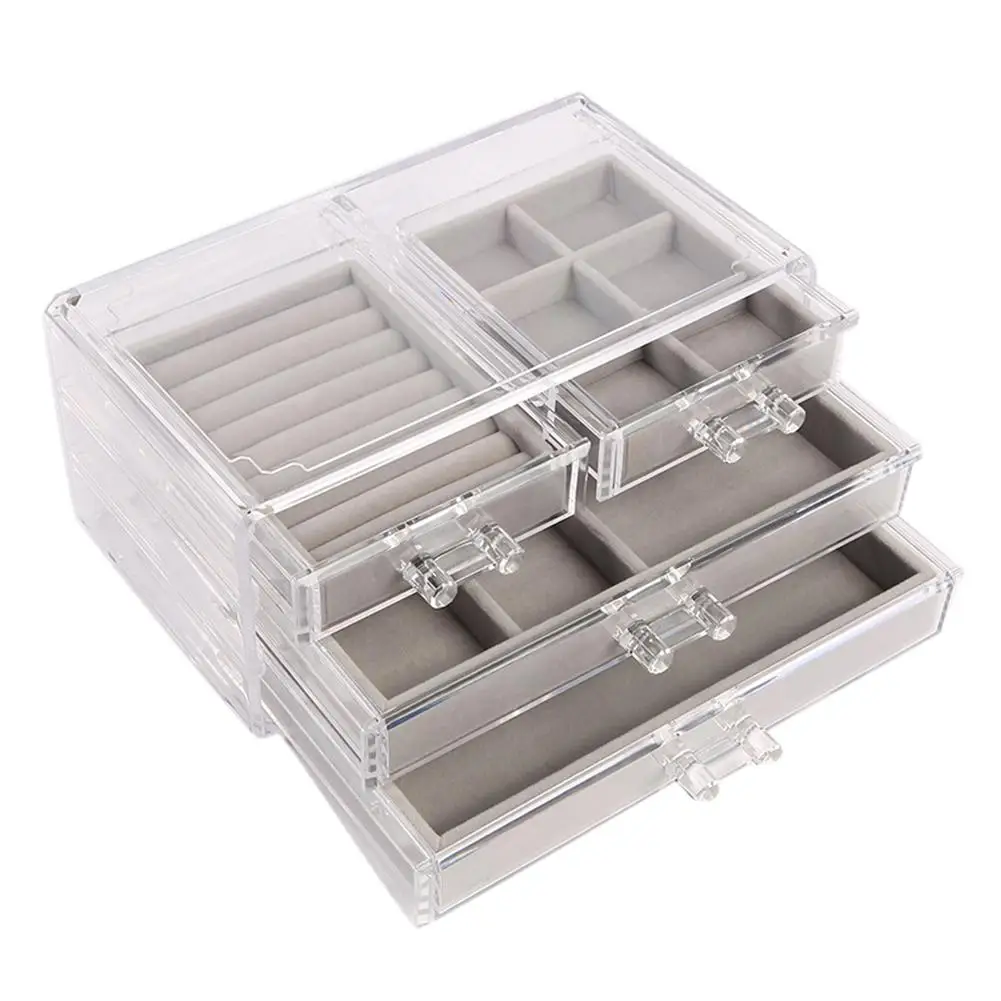 

3-Layer 4-Drawer Transparent Durable Plastic Soft Dustproof Liner Jewelry Storage Box Watch Case Jewelry Box earrings/necklace D