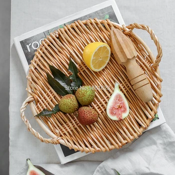 

Handmade Rattan Plate Round Food Support Plates Sushi Platter Fruit Toast Cake Service Dessert Plates Dinning Room Home Decor