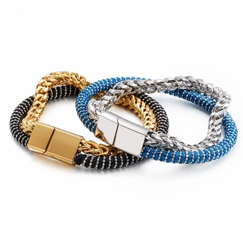 

Punk Gold Chain & Link Bracelets For Men 21.5cm Black Blue Leather Double Layer Bracelets Hip Hop Jewelry 2020