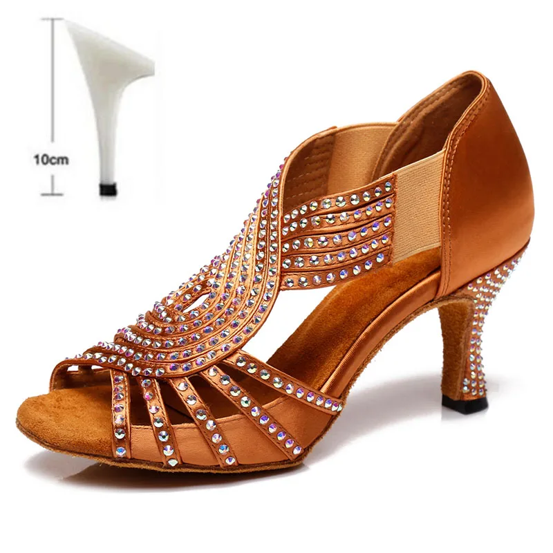 Бальные туфли для латинских танцев RhinestoneTango Salsa Новые поступления женская/Женская обувь на высоком тонком каблуке для профессиональных танцев - Цвет: Brown 10CM