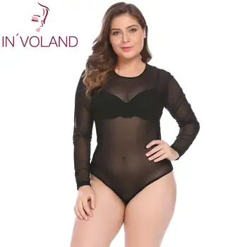 

IN'VOLAND Women Bodysuits Plus Size XL-5XL Round Neck Long Sleeve Solid Color See Through Mesh Slim Female Club Party Bodysuit