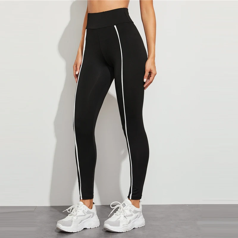 SweatyRocks, черные обтягивающие леггинсы в полоску с широким поясом, женская одежда для активного отдыха, леггинсы, осень, повседневные однотонные легинсы для легкой атлетики