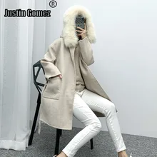 Свободное кашемировое шерстяное Женское пальто с капюшоном, теплое Женское пальто с воротником из натурального меха, женский элегантный длинный кардиган