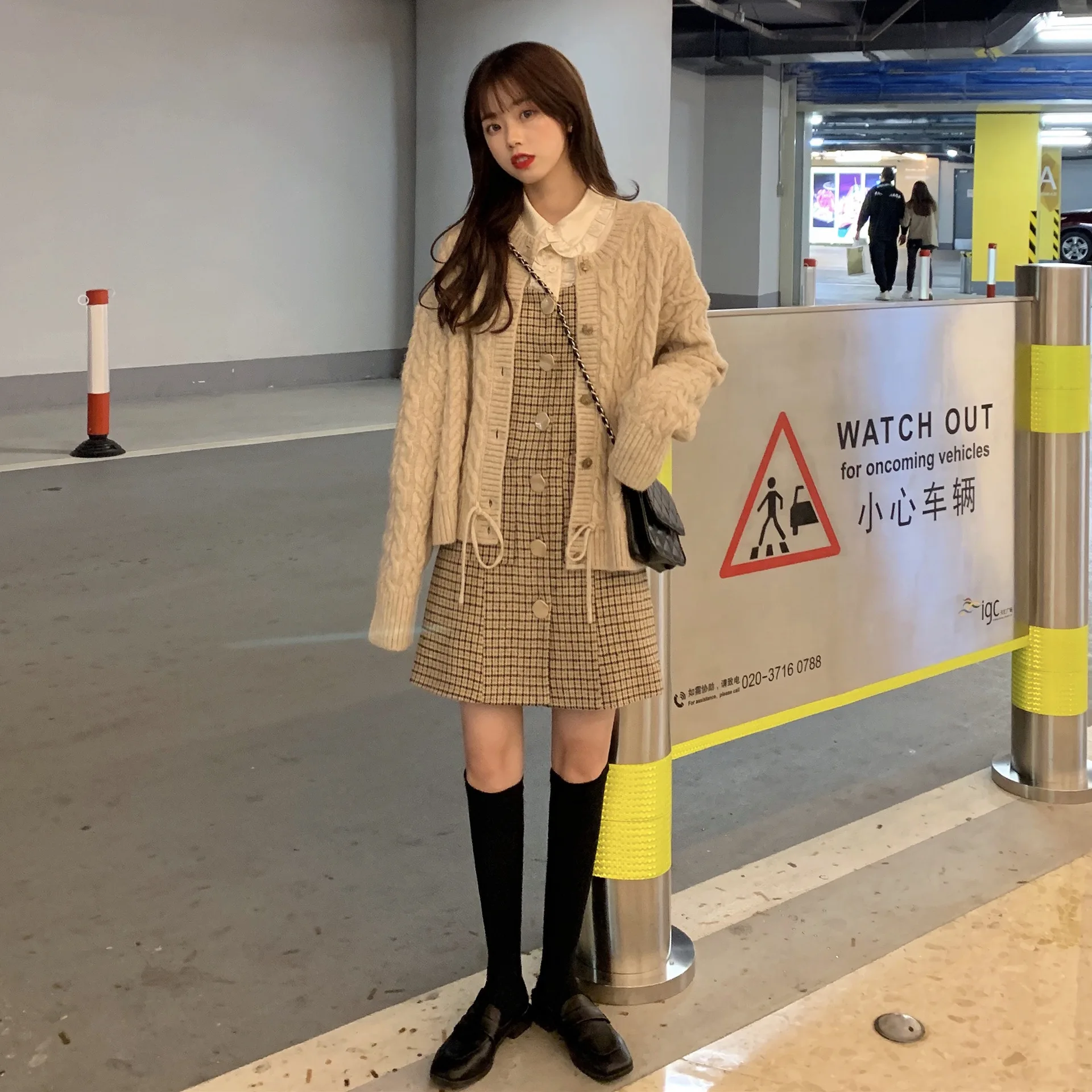 

Photo Shoot 2019 WOMEN'S Dress Autumn Fake Two-Piece Joint Plaid Dress + Hem Lace-up Linen Flower Color Sweater Cardigan