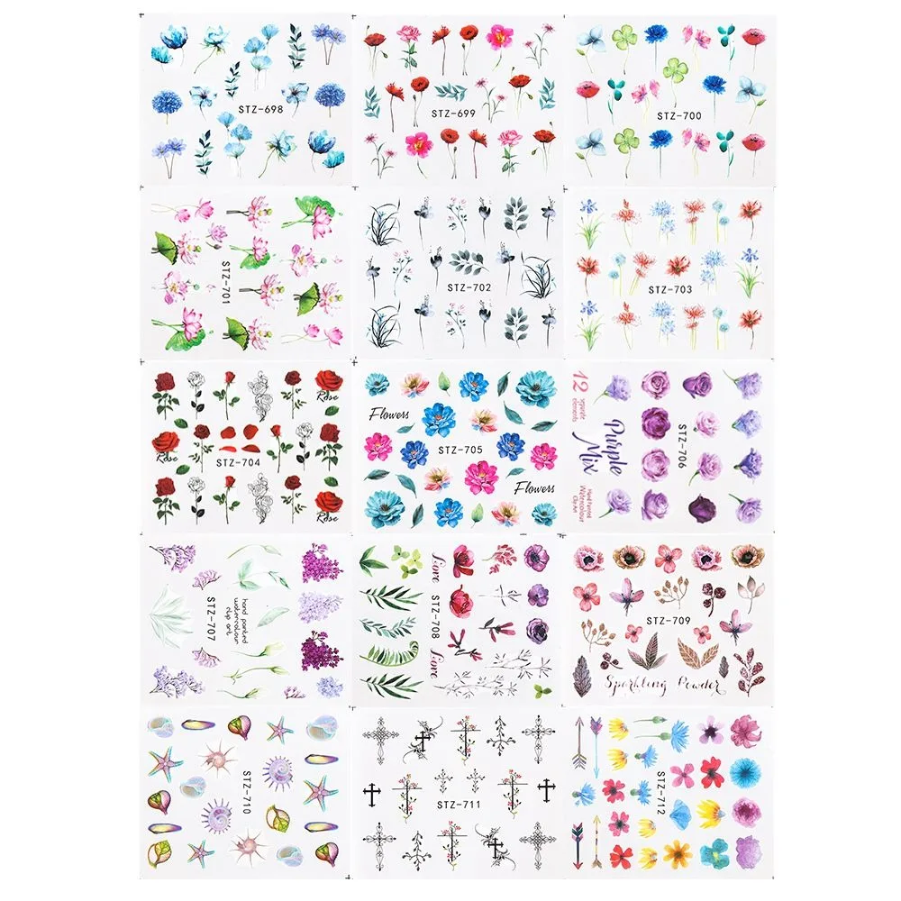 24 шт акварельные цветочные наклейки для ногтей набор Фламинго морской конь дизайн гель маникюр декор ногтей слайдеры