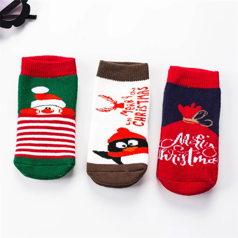 3 пары, рождественские носки теплые нескользящие носки с рисунком снежинок, медведя, лося, Санта-Клауса для маленьких мальчиков и девочек, комплект От 1 до 4 лет, A20