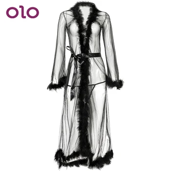 

OLO Sexy Feather Lingerie Evening Gown With Feather Robe Nightgown Sleepwear Wedding Party Costumes Sexy Long Lingerie