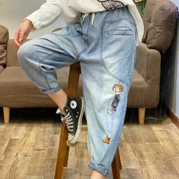 

Cartoon Patchwork Ladies Jeans Cute Pattern Spring Women Casual Loose Vintage Denim Harem Pants Embroidery Trousers SA337S30