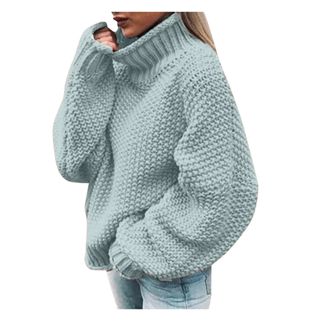 Light blue Корейский стиль сплошной цвет женский свитер с высоким воротником с длинными рукавами теплый повседневный вязаный свободный женский свитер с длинным рукавом - Цвет: Light blue