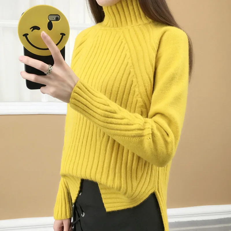 GOOHOJIO 2020 New Knitted Women slit Sweater Pullovers Ladies spring Autumn Female Sweaters Pullover Slim Fit cheap Turtleneck | Женская