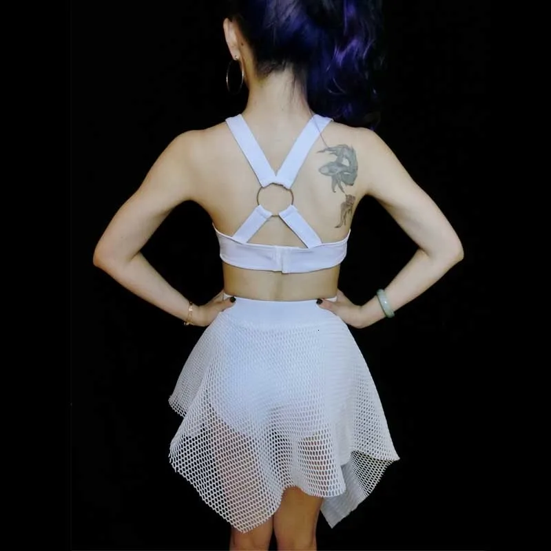 Nightclub Women Leading Dancer Stage Wear Bar DJ Singer Teams Jazz Modern dance Costume White Hollowing Out Sexy Festival Outfit (2)