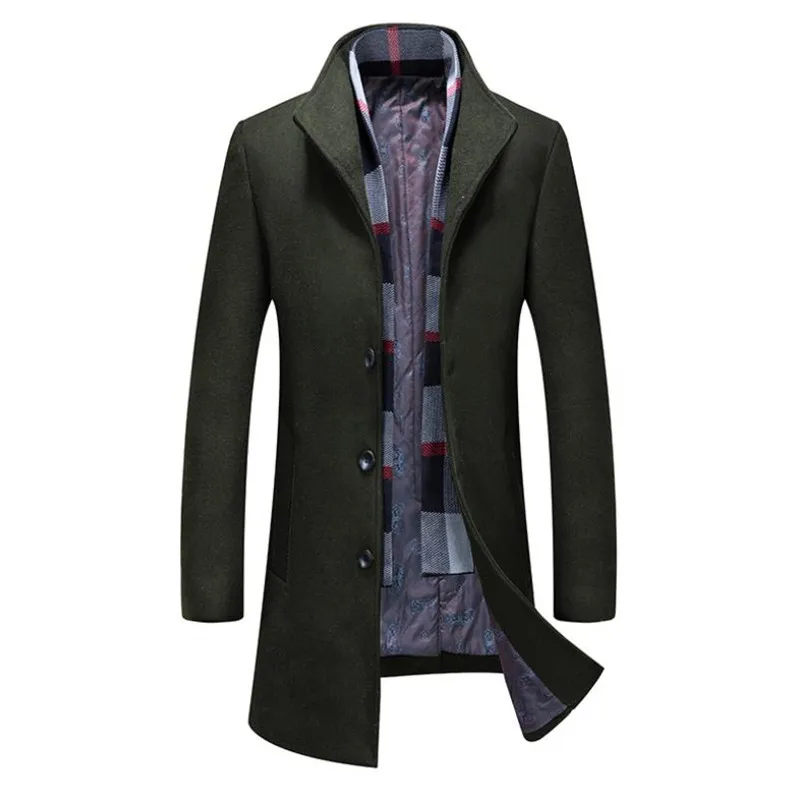 Осенне-зимнее новое шерстяное пальто для мужчин, Повседневная Деловая куртка, теплый съемный шарф, Мужское пальто