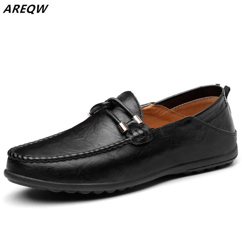 AREQW/мужские кожаные туфли-лоферы; Мягкие Мокасины; коллекция года; мужская повседневная обувь на плоской подошве; мужские лоферы без застежки для вождения; большие размеры - Цвет: Black