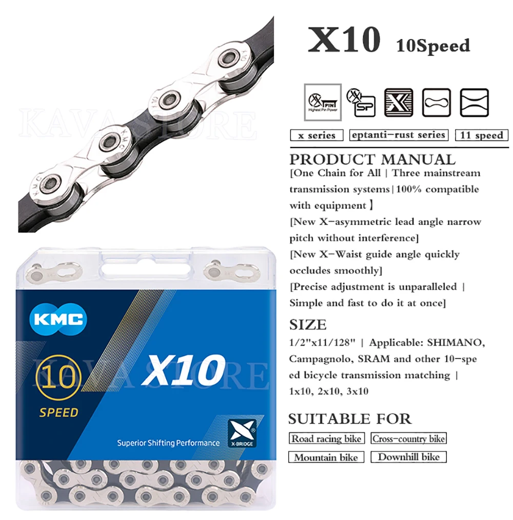 KMC, x9x10x11 speed 116maillons chain mountain bike/Road, suitable for SRAM 9s 10s 11 speed, 9V, 10V, 11 V, bicycle parts, accessories