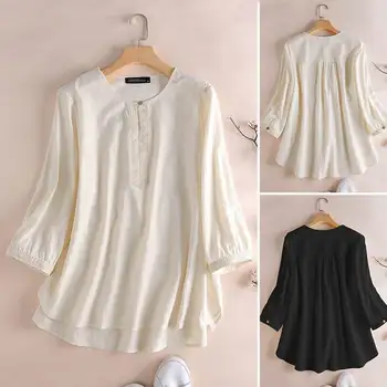 

Women Tops Blouse 2020 Vintage Cotton Solid Shirts ZANZEA Ladies 3/4 Sleeve O Neck Blusas Work Office Tunic Tops Plus Size 5XL 7