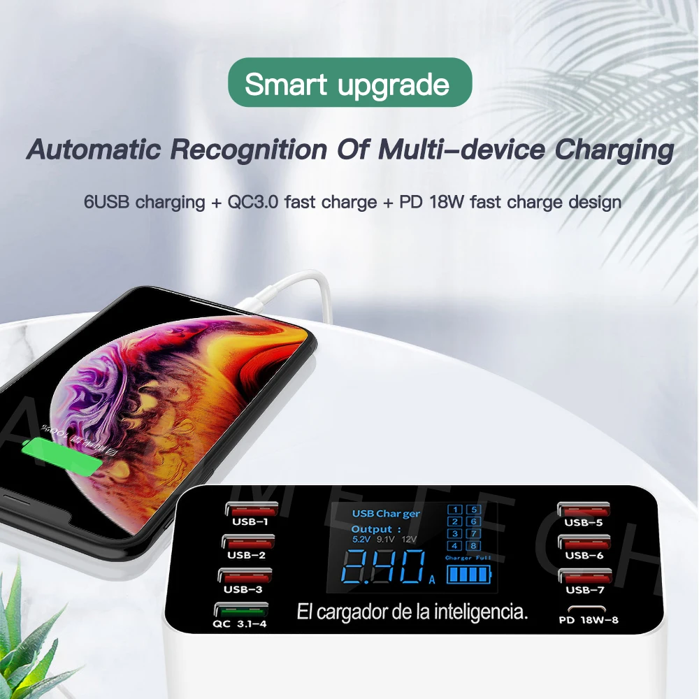 US $28.73 8 Ports USB Phone Charger PD QC30 Fast Charging Station 60W Smart LED Display Type C Adapter Quick Charge 30 USB Charger
