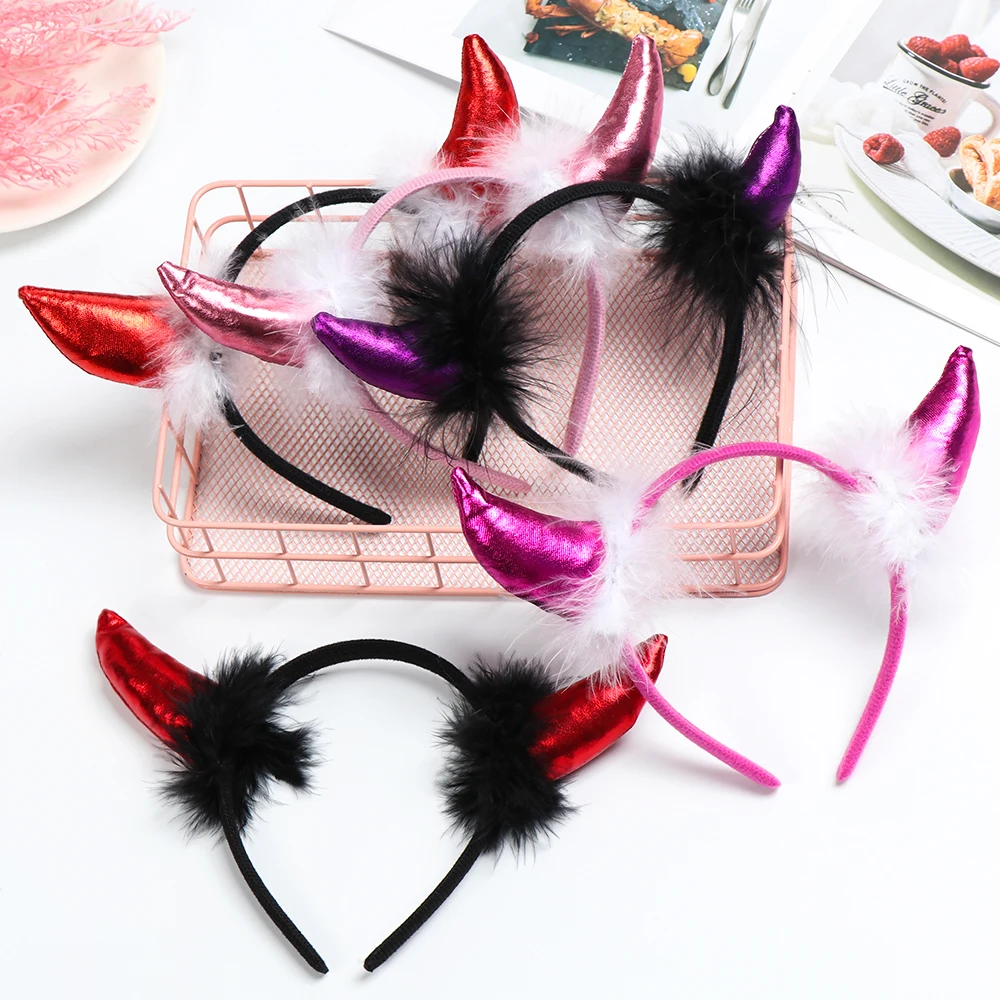 

New 1Pc Adult Children Halloween Devil Headband Cosplay Costume Fancy Party Glitter Demon Horn Fluffy Plush Hair Hoop Xmas Prop