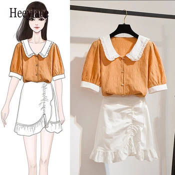 

2020 Peter Pan Collar Sweet Blouse top and mini Bodycon irregular Fishtail Skirt set Two Piece Cute Clothing Set women dresses