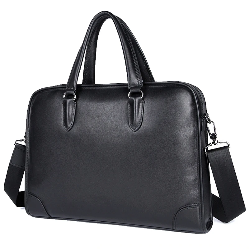 

Luufan Men Genuine Leather Simple Style Black Office Business Waterproof Briefcase 14" Laptop Case Messenger Men Bag