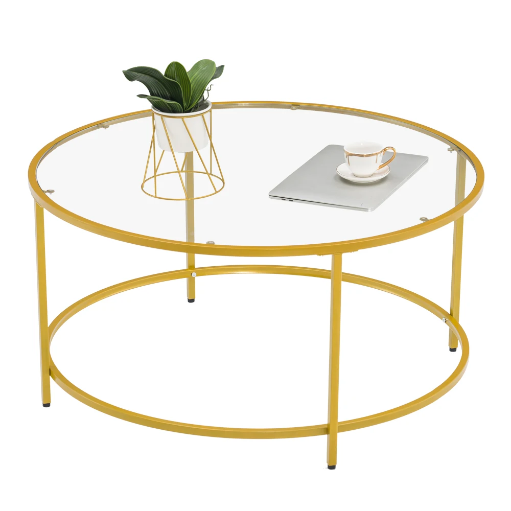 

[90 x 90 x 45]cm Simple Single-Layer Round Frame Glass Surface Coffee Table Side Table 90 Round Gold