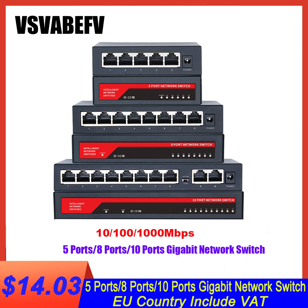 Gigabit 8port 10/100/1000m LAN Port Ethernet RJ45 Hub Mini Network