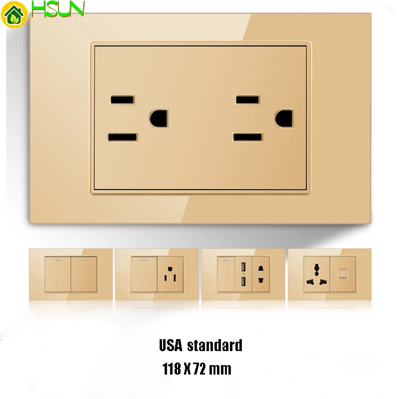 Taiwan American Brazil Thailand Italy standard USB gold tempered glass switch socket 118 type wall socket panel dimming 16A