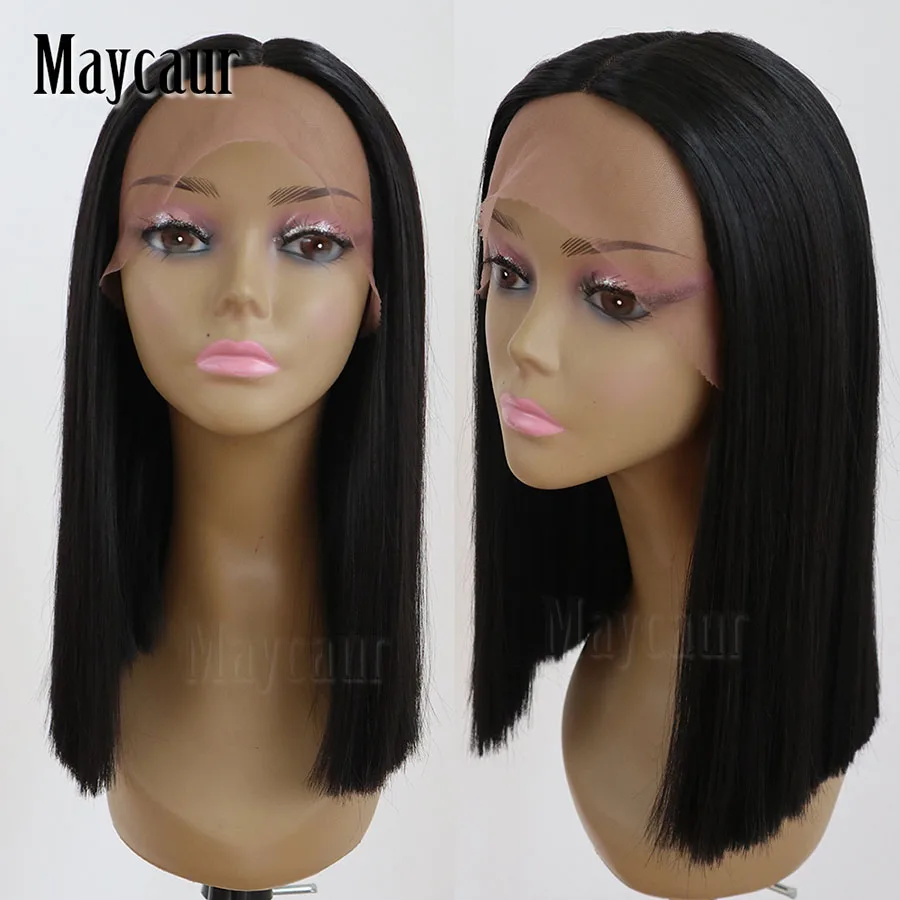 Maycaur Black Bob Synthetic Lace Front Wig Short Straight Wigs with Natural Hairline (2)