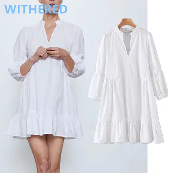 

Withered england vintage gauze polka dot v-neck simple 2020 spring dress women vestidos vestidos de fiesta de noche maxi dress