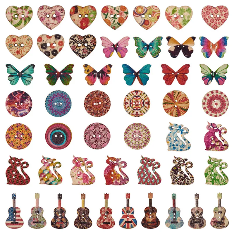 

Pandahall 300pcs/set 2-Hole Printed Mixed Shapes Wooden Buttons for Sewing Knitting Accessories DIY Assorted Findings Decoration