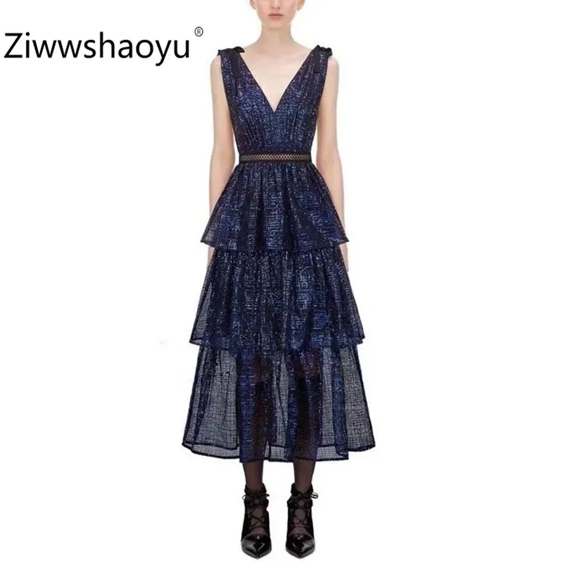 Ziwwshaoyu женские летние вечерние сексуальные платья с глубоким v-образным вырезом и пайетками модное Каскадное гофрированное платье миди без рукавов