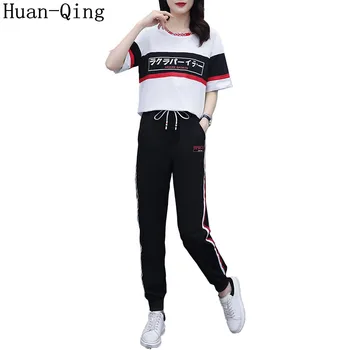

Korean Plus Size 5XL White Tracksuit 2 Piece Set Summer Women's Short Sleeve T-shirt Tops + Pants Two Piece Set Sweatshirts Suit