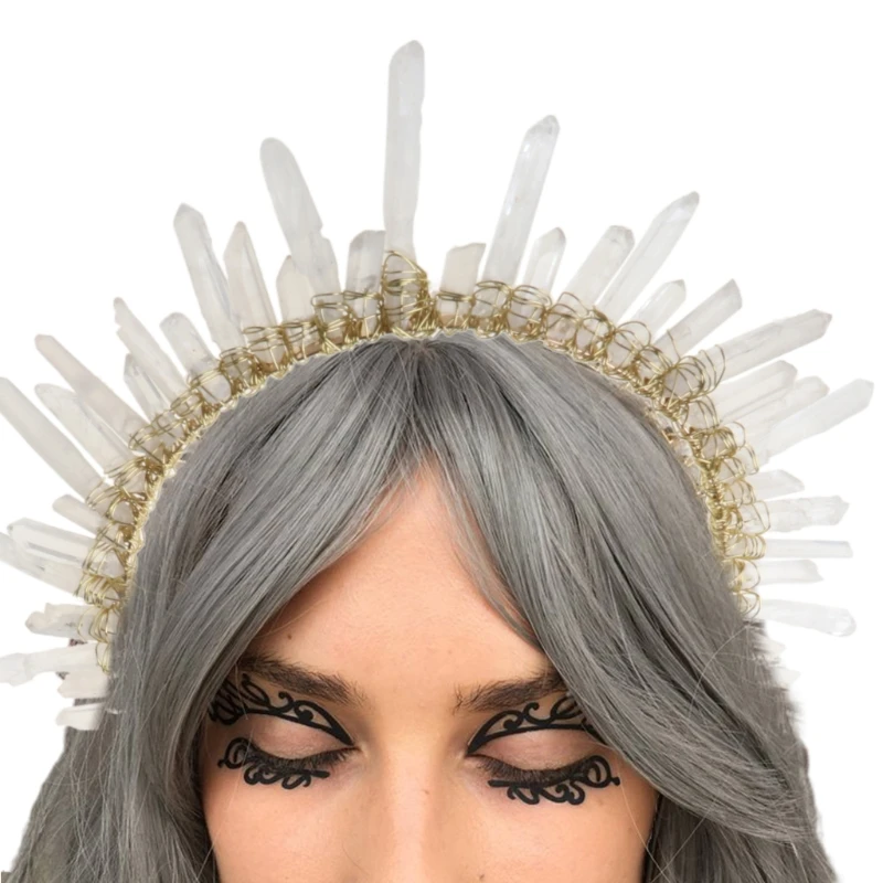 

Boho Bridal Wedding Headband Handmade Clear White Faux Crystal Quartz Hair Hoop