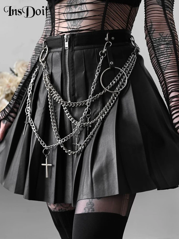 InsDoit Punk Black PU Leather Metal Chain Skirt Goth High Waist Zipper