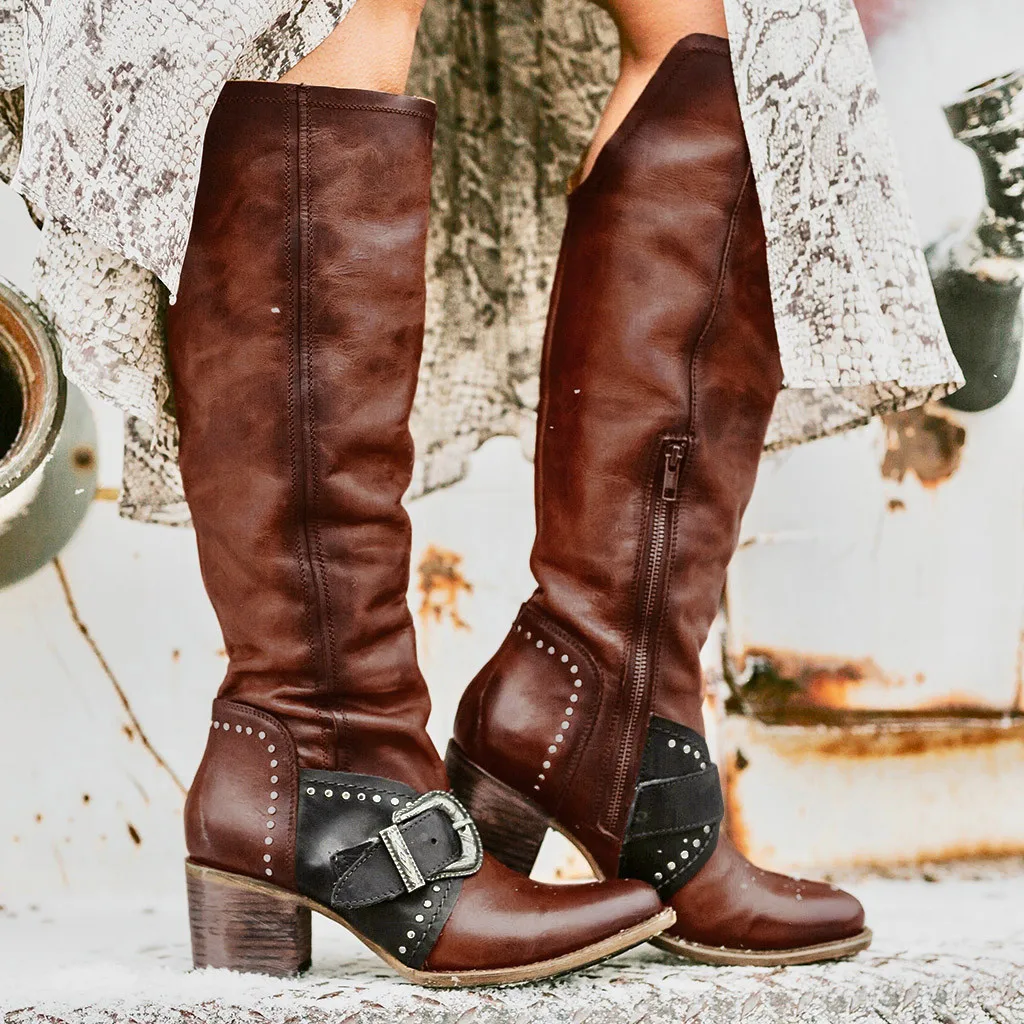 Ковбойские ботинки в винтажном стиле; женские высокие сапоги в римском стиле на не сужающемся книзу массивном каблуке и молнии; зимняя обувь; zapatos de mujer; большие размеры