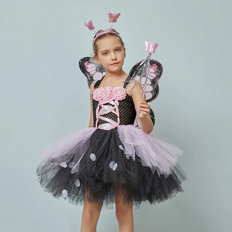 Pink and Black Monarch Butterfly Tutu Dress with Wings Girls Insect Bug Butterfly Halloween Costume Kids Birthday Tutu Outfit (2)