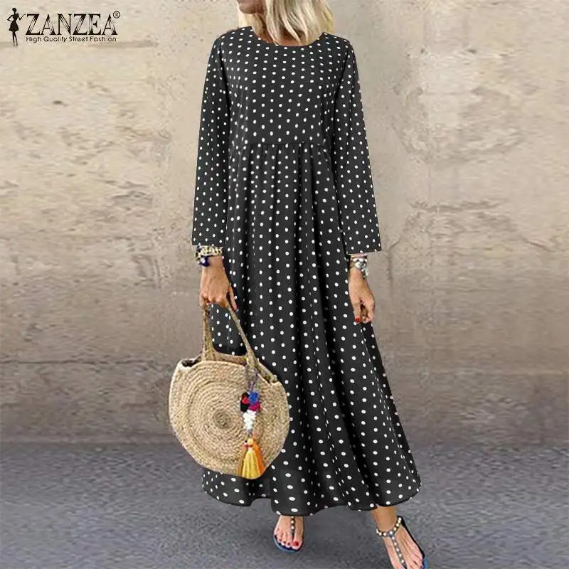 Осень Винтаж летние платья Vestidos с узором в горошек, леггинсы ZANZEA, Для женщин с принтом праздничный сарафан Повседневное с длинными рукавами длинное платье-рубашка Famele Халат