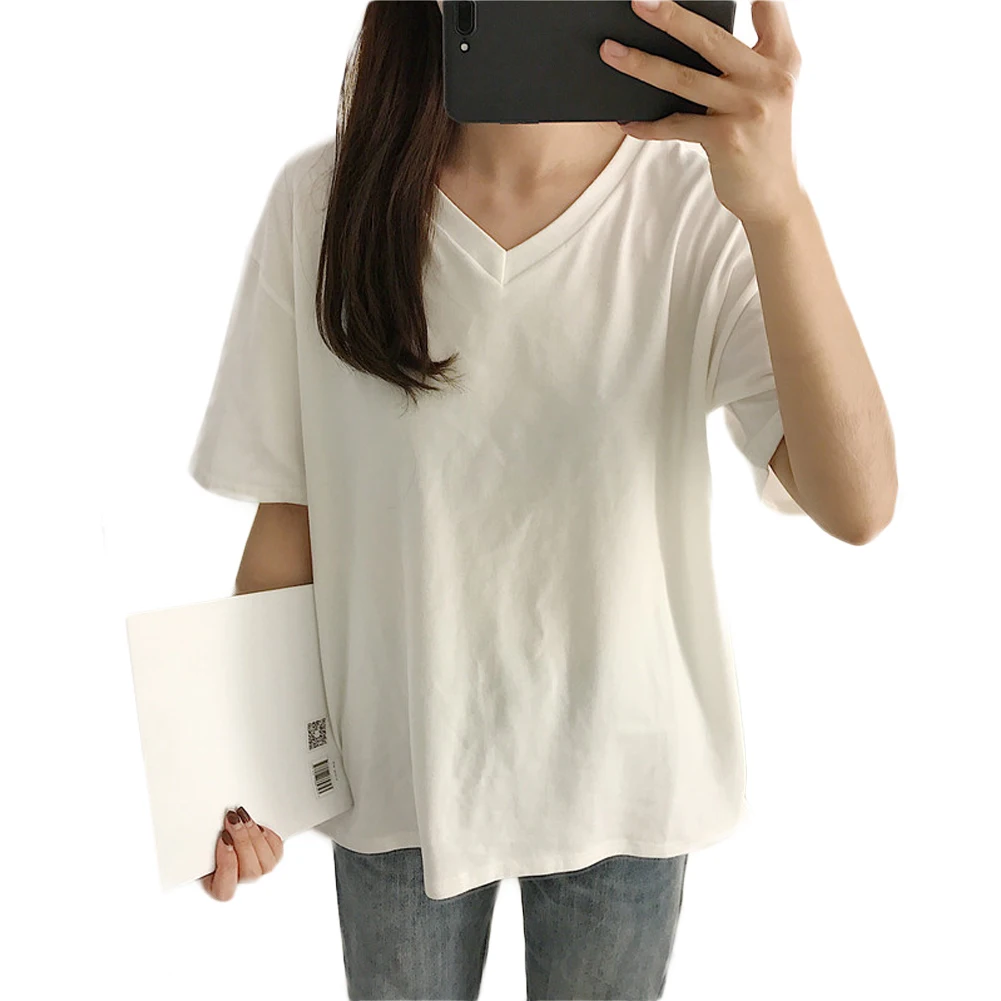 V Neck Хлопок, лен, шикарный женский топ, летняя Минималистичная футболка, свободная однотонная, круглый вырез, короткий рукав, тонкий, для студентов, школьные Топы - Цвет: V Neck
