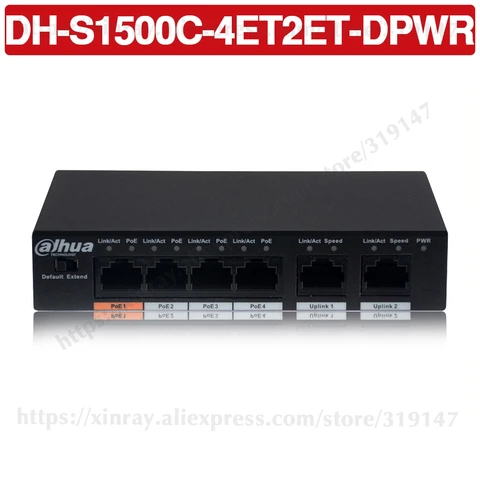 Switch com 250m de Distância de Trânsito de Energia Poe + & Dahua Switch Ethernet Suporte Hi-poe Protocolo. 4ch Poe Dh-s1500c-4et2et-dpwr