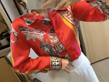

Women Blouses And Tops 2020 Autumn Print Runway Long Sleeve Shirt Ladies Collar Elegant Vintage Office Silk Red Shirts work wear