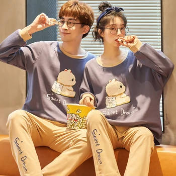 

Autumn Knitted Cotton Solid Color Couple Pajamas Set Long Sleeve Round Neck Two Pieces Sets Casual Plus Size 3XL Lovers Pyjamas